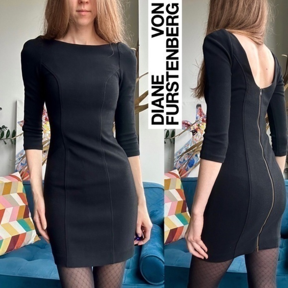 Diane von Fustenberg DVF Black Boat Neck 3/4 Sleeve Mini Dress XS (0)